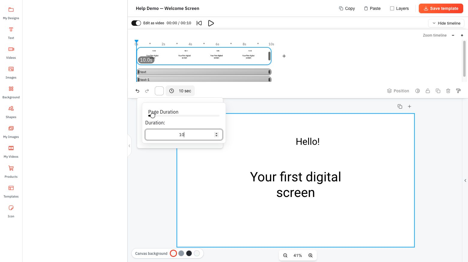 With the page selected, the time control opens Page Duration.