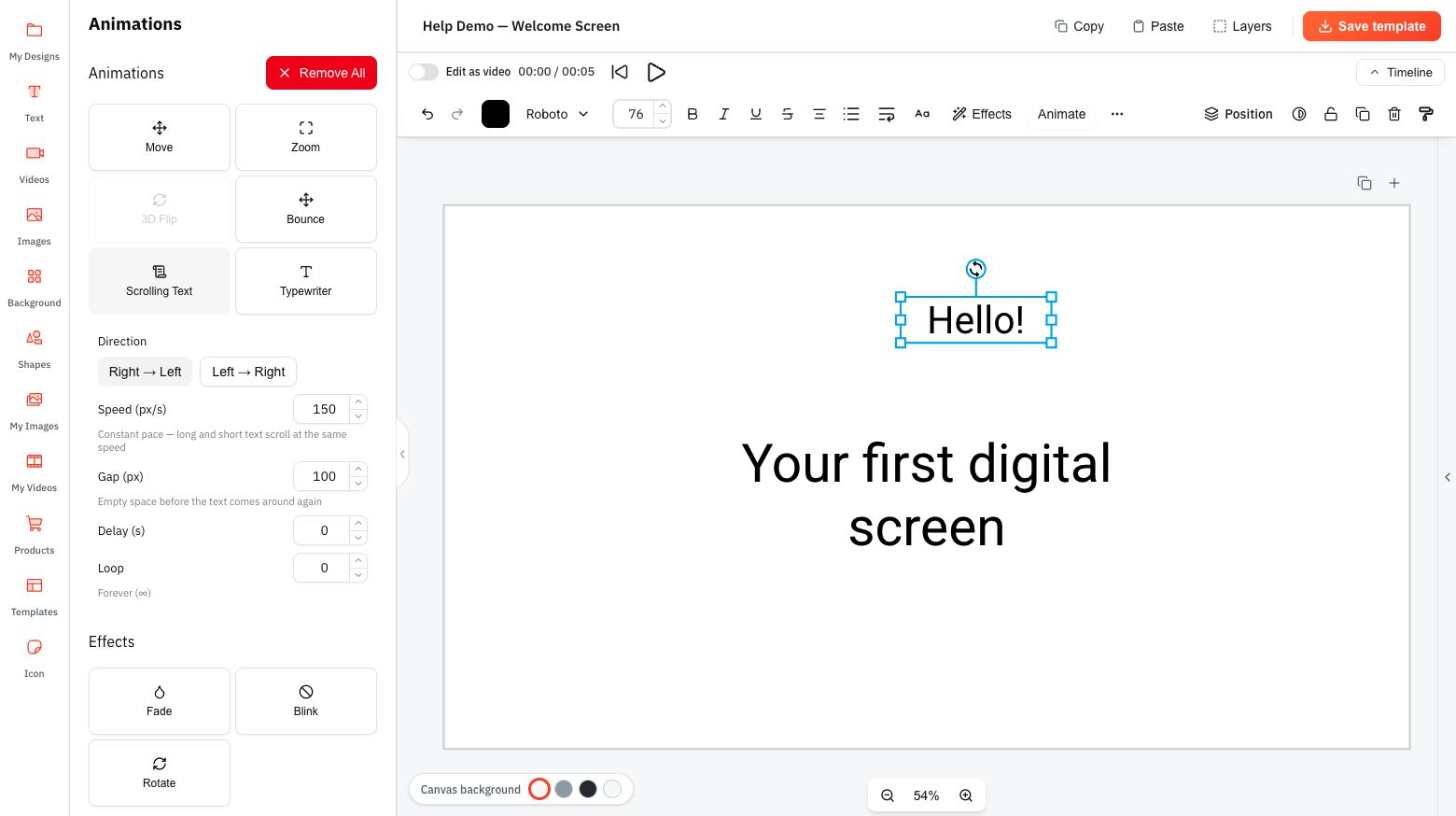 Scrolling Text uses a constant pixels-per-second pace and a gap between passes.