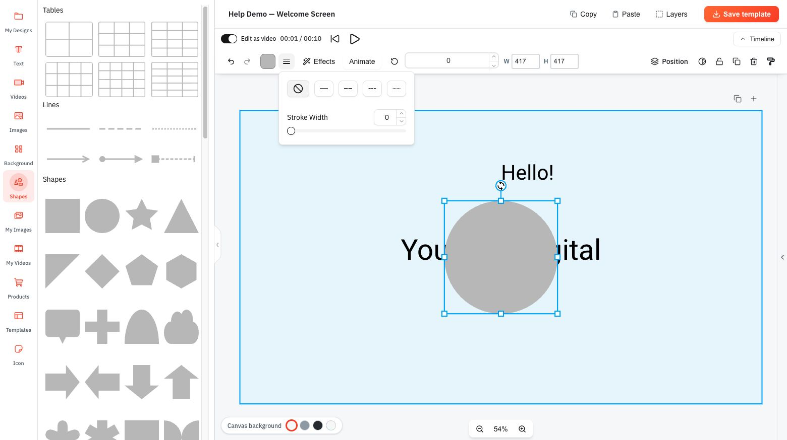 The Shapes panel includes tables, lines and shapes; Stroke settings controls the outline width.