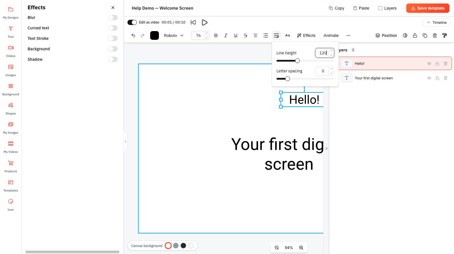 Spacing controls line height and letter spacing; the Effects panel holds text appearance options.