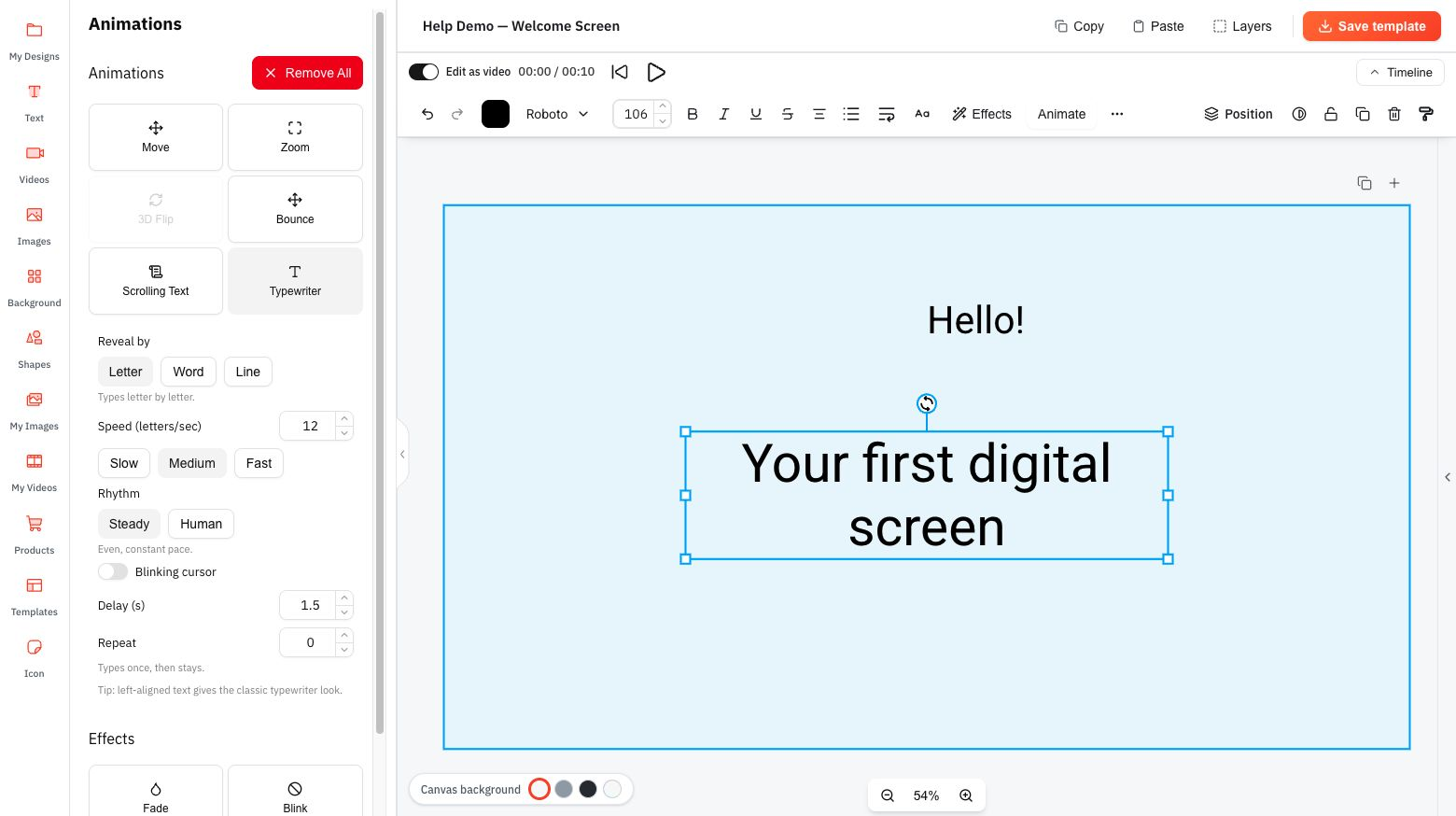 Example settings: Letter, 12 letters per second, Steady, cursor off, Delay 1.5 seconds, Repeat 0.