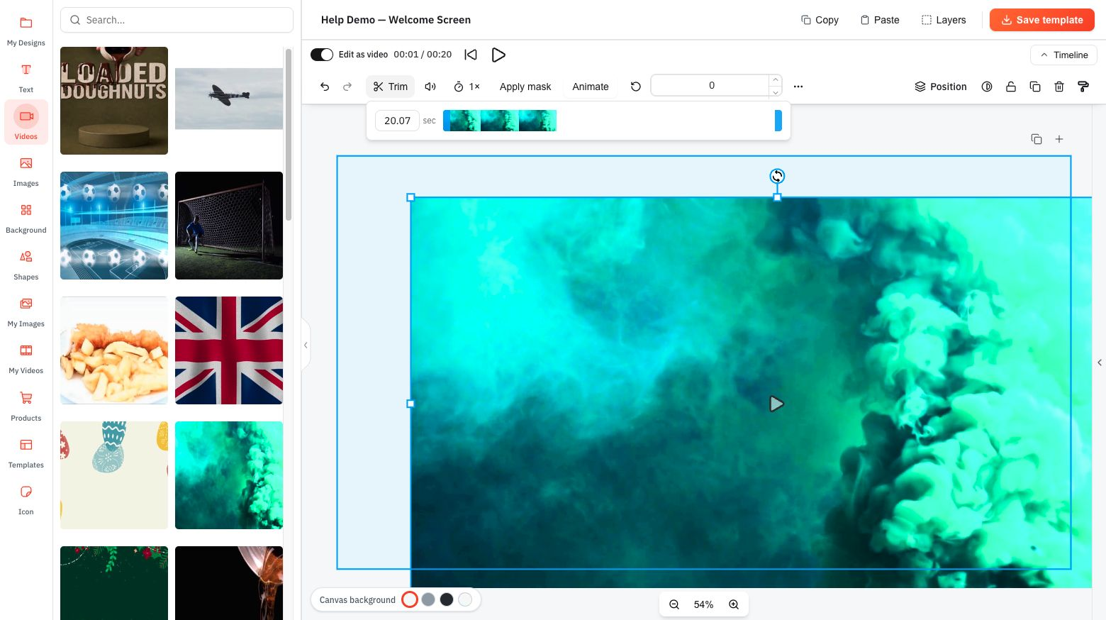 A selected video exposes Trim, Volume and Speed in the top bar.