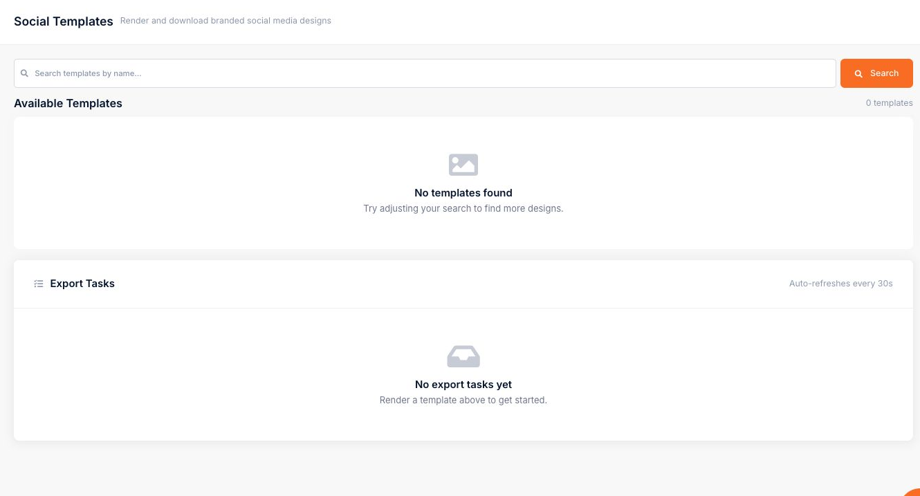 Available social templates appear above the export task history.