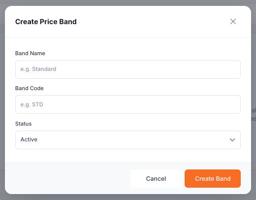 Price bands have a name, code and status.