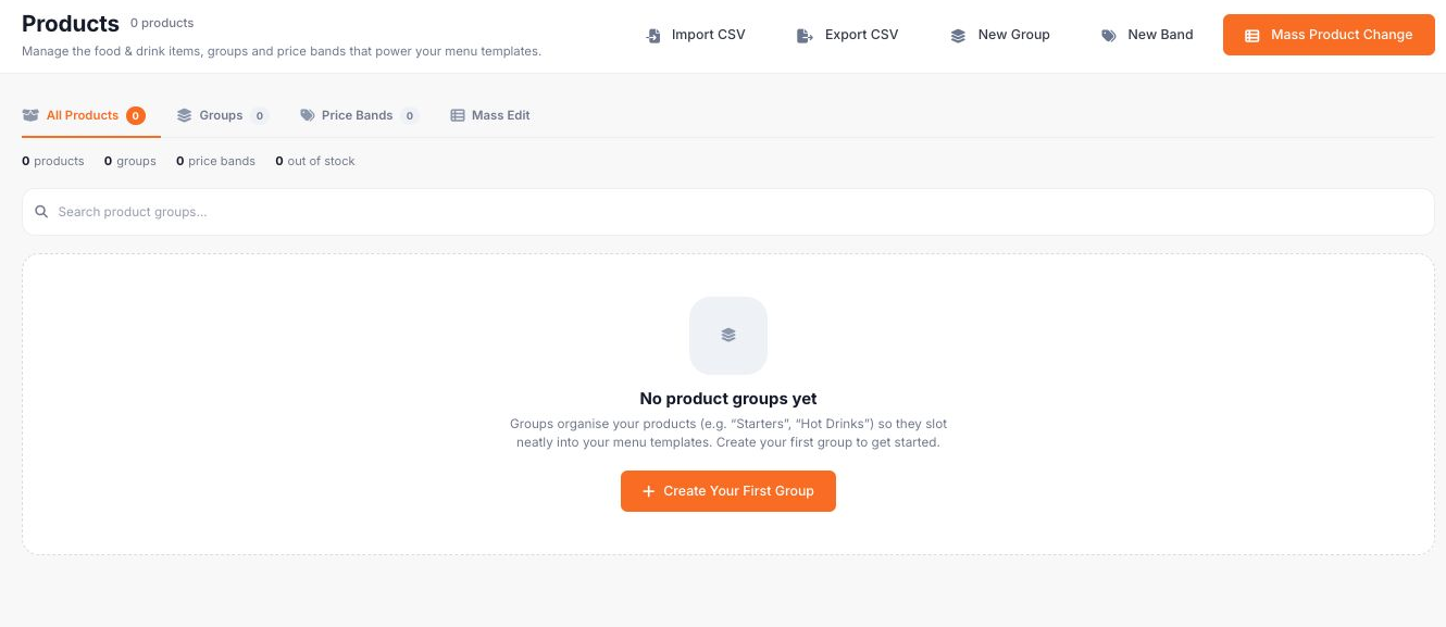 Products brings together groups, price bands, CSV tools and bulk editing.