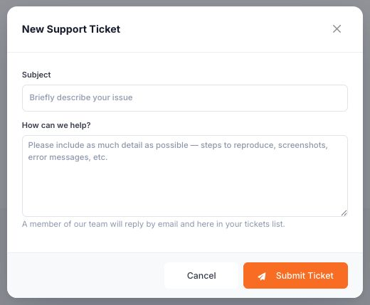Describe the issue, then use Submit Ticket to send it to support.